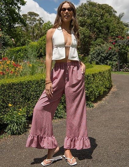 High Waist Plaid Wide Leg Pants