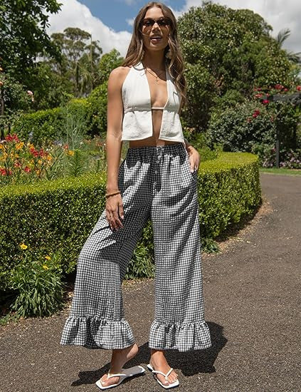 High Waist Plaid Wide Leg Pants